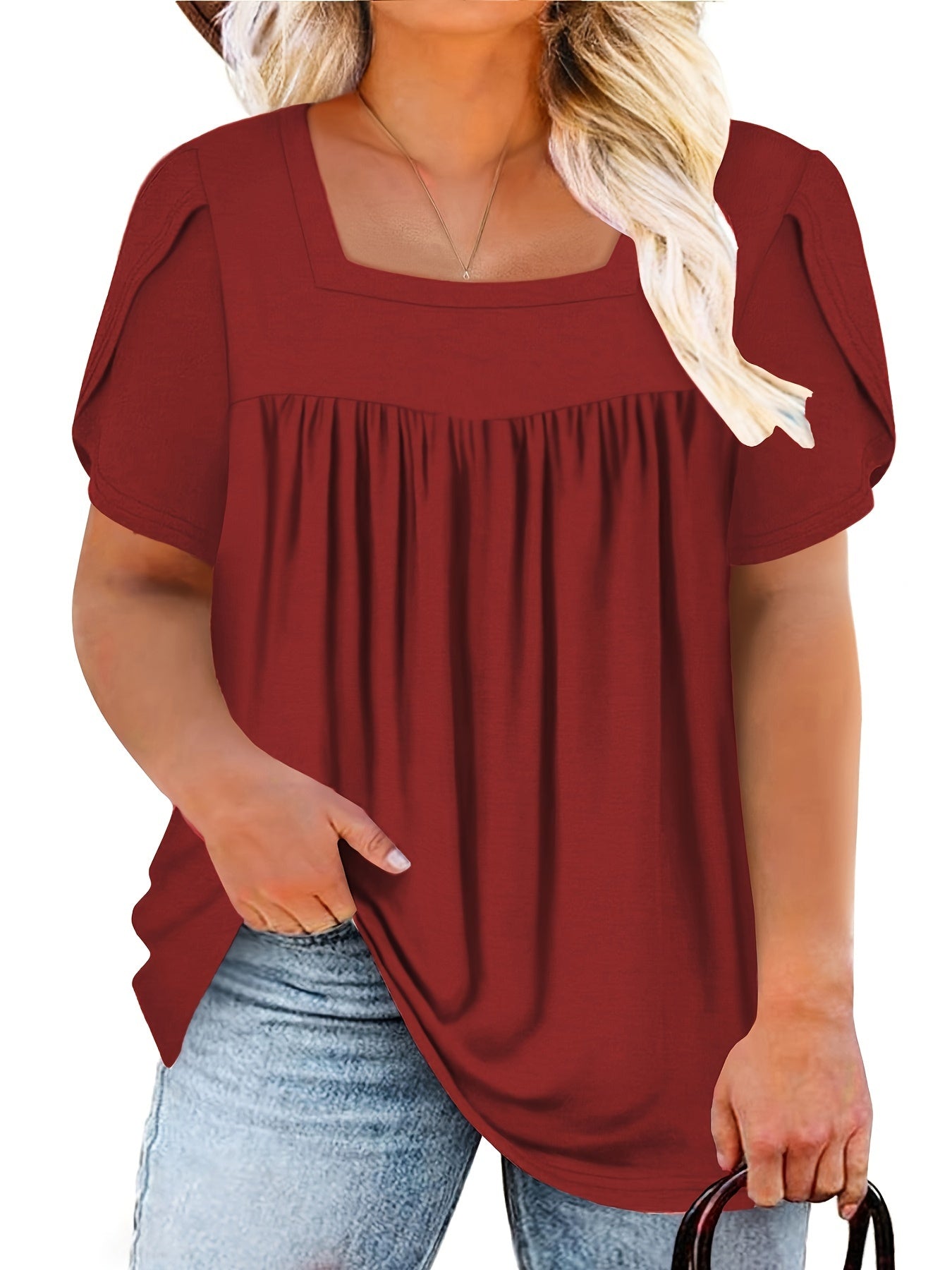 Plus Size Women's Petal Short Sleeve T Shirt - Square Neck, Flowy Pleated, Relaxed Fit