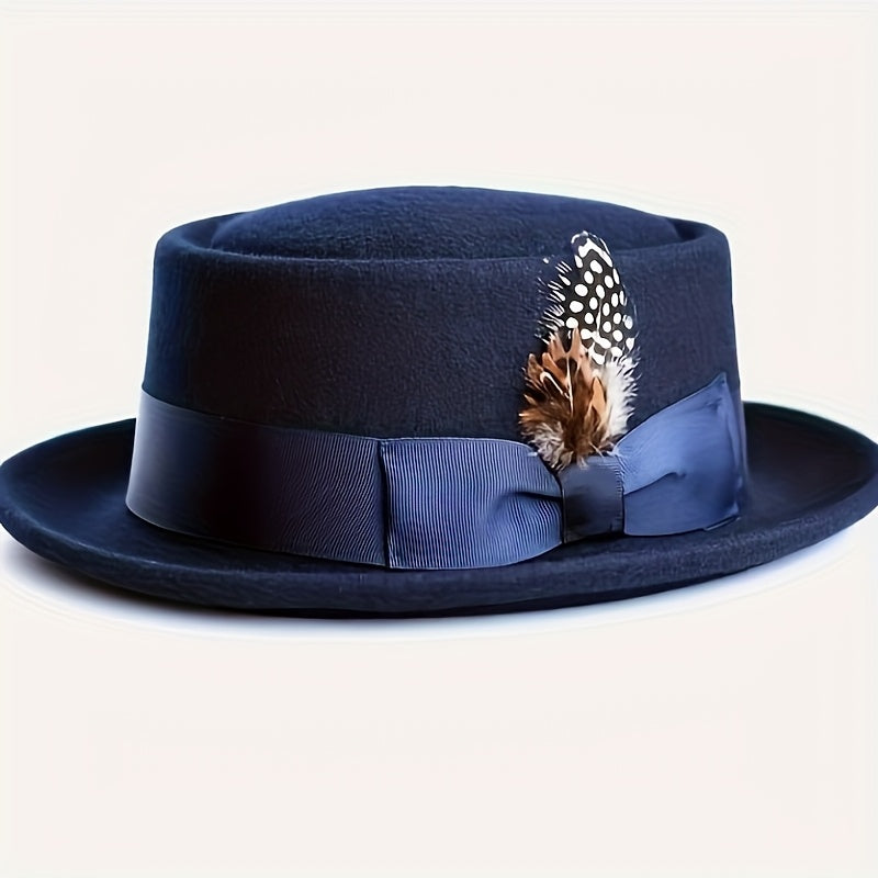 Adjustable Wool Pork Pie Hat with Blue Feather Accent
