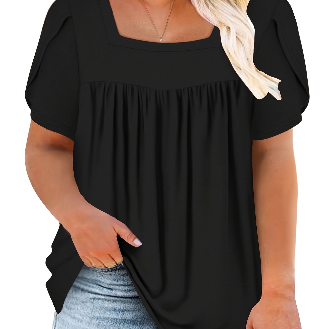Plus Size Women's Petal Short Sleeve T Shirt - Square Neck, Flowy Pleated, Relaxed Fit