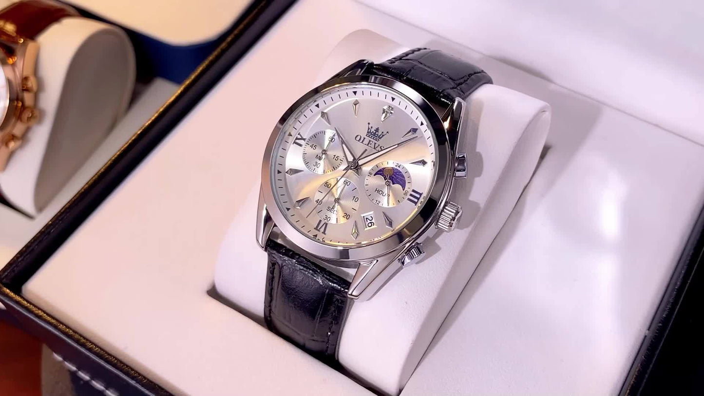 OLEVS Men's Analog Quartz Chronograph Moon Phase Waterproof Watch
