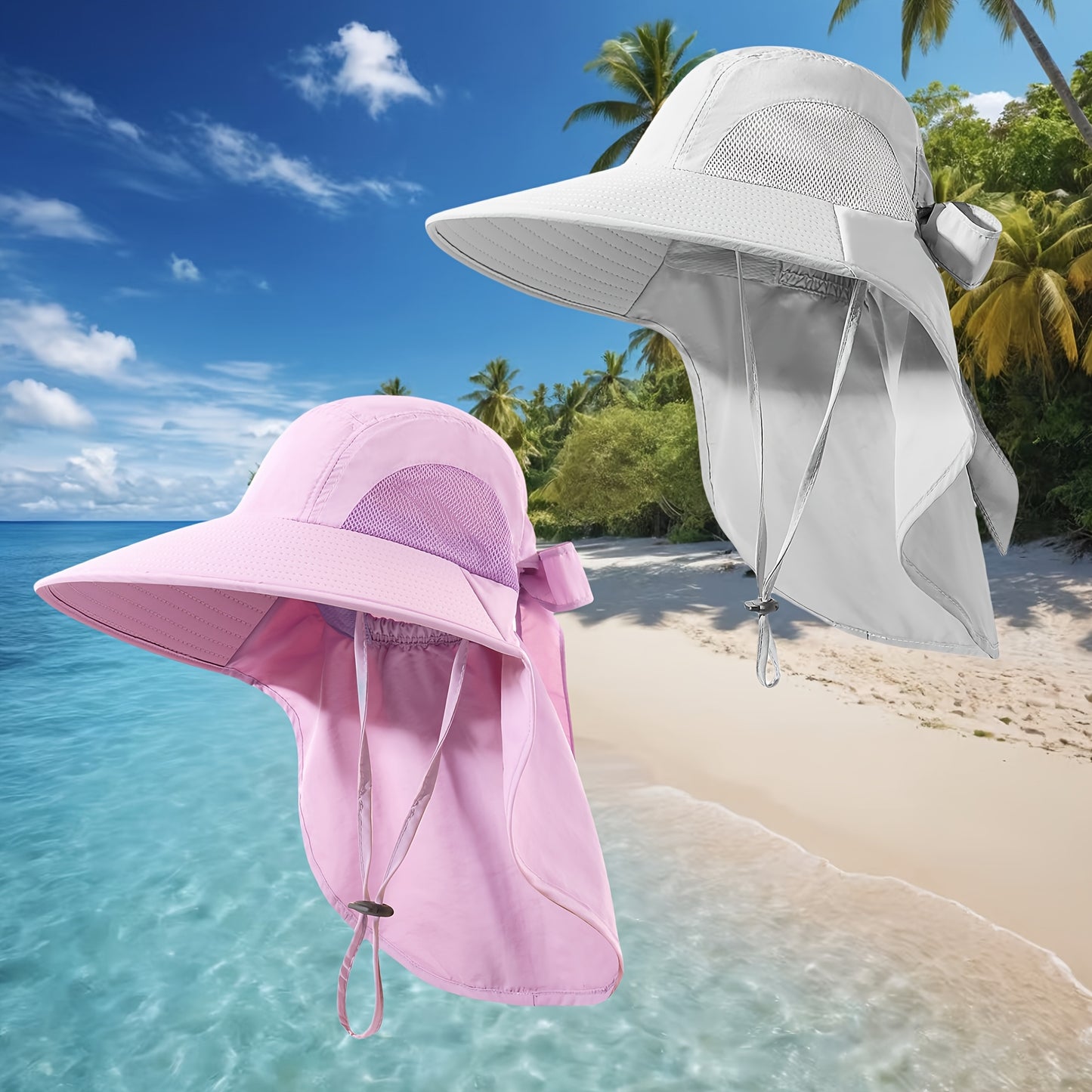 2pcs Pack Womens Sun Hat, Foldable High Quality Wide Brim Bucket Hats with Neck Flap for Summer Beach Fishing Hiking