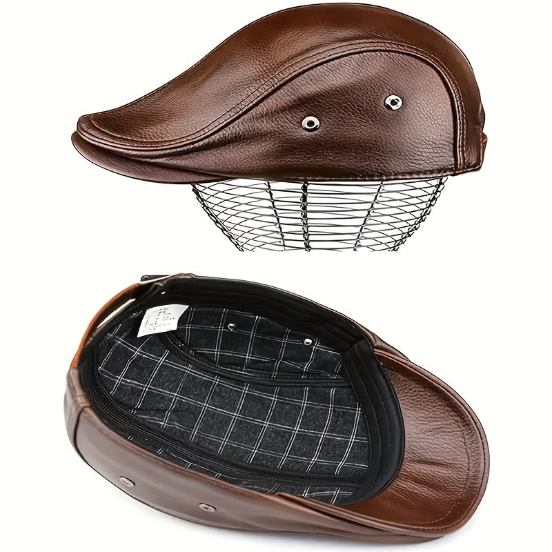 Leather Cowhide Newsboy Hat 1pc Men's Gatsby Cap Black