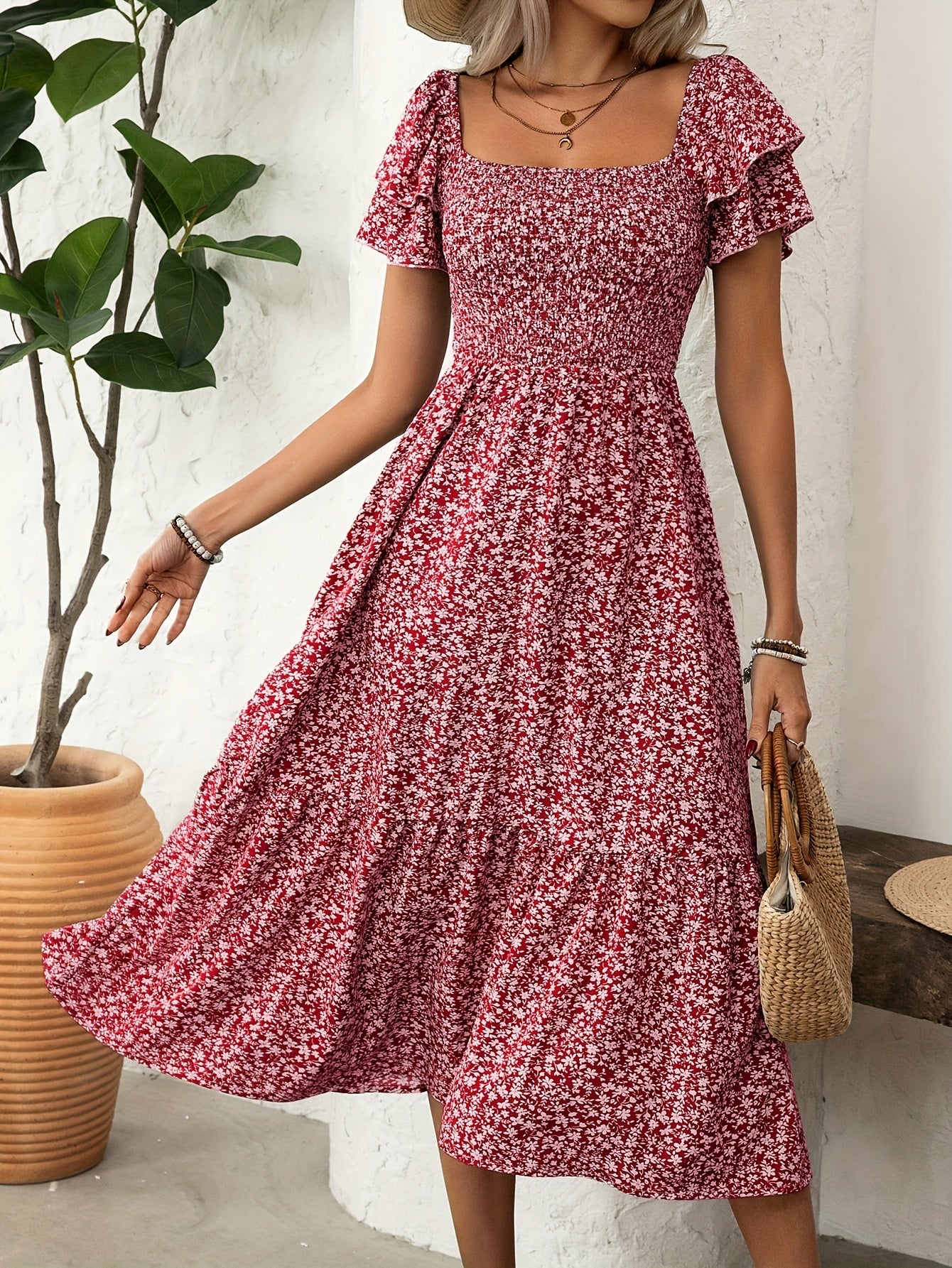 Elegant Floral Print Dress Polyester Ruffle Hem A-Line Dress