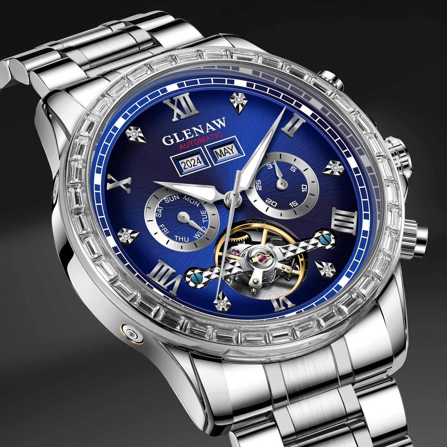 GLENAW Mens Automatic Mechanical Watch Stainless Steel Date Display