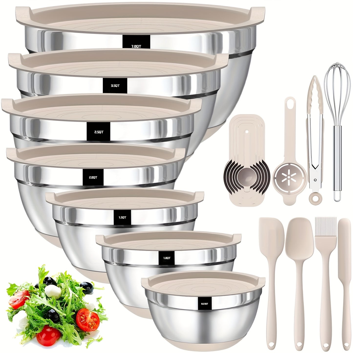 SKROAM Nesting Stainless Steel Mixing Bowl Set With Airtight Lids