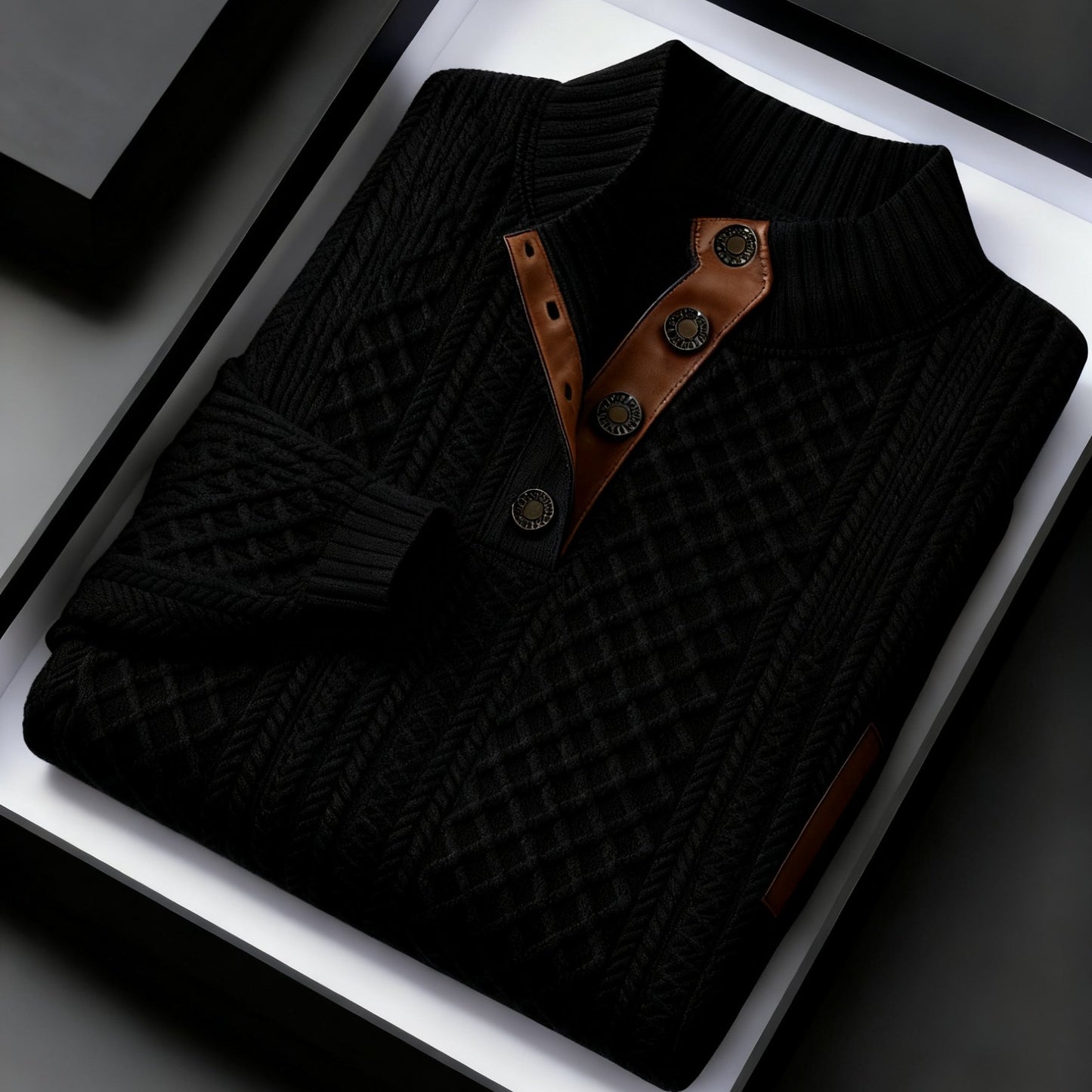 Men Jacquard Knit Stand Collar Sweater With Button Closure
