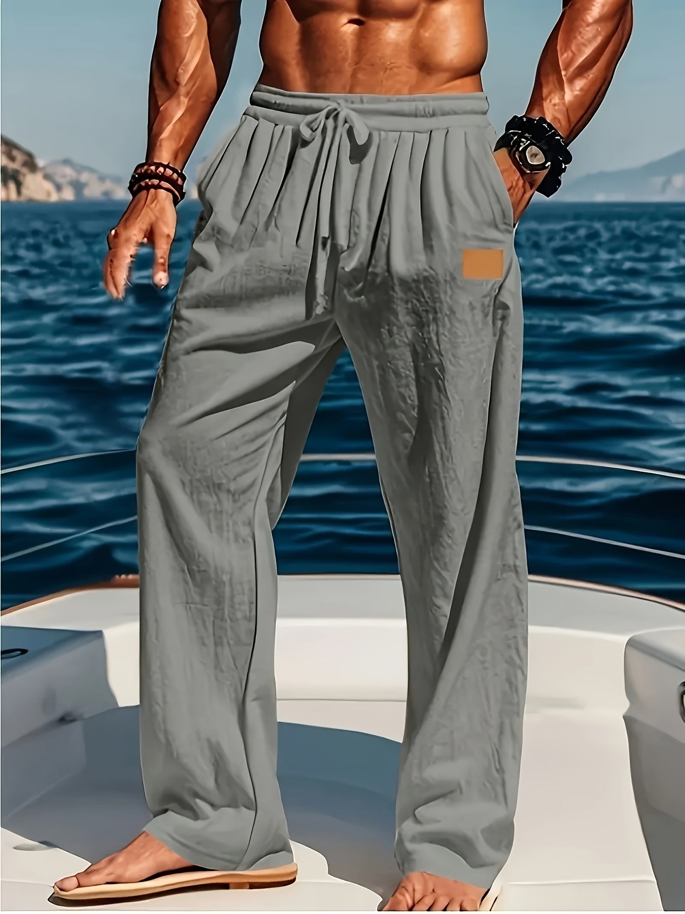 Men's Lightweight Cotton Beach Pants Quick Dry Loose Fit Casual Trousers with Adjustable Zipper Waistband Side Pockets Breathable Straight Leg Pants for Swimming Travel Everyday Summer Wear Machine Washable
