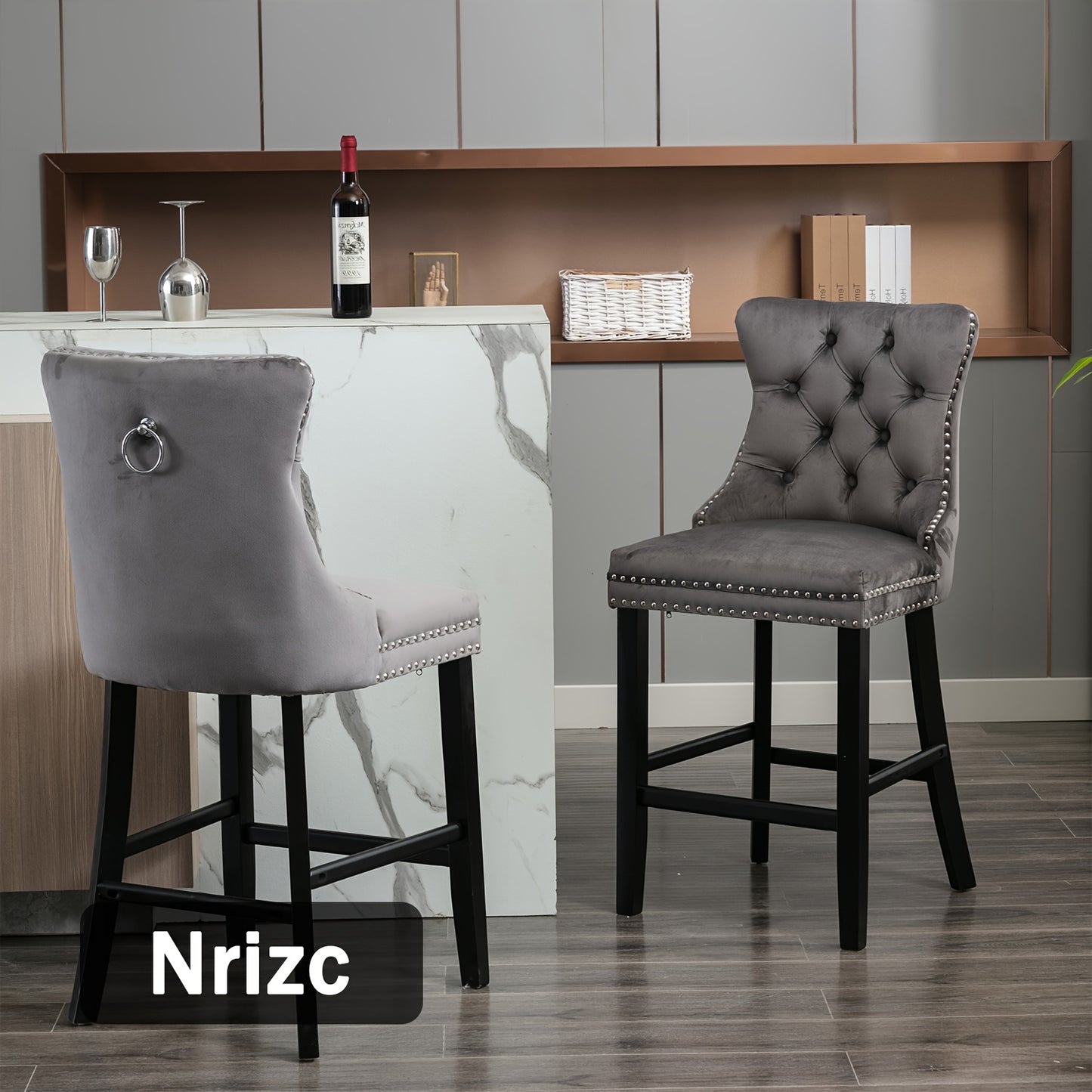 Nrizc Velvet Padded Bar Stools With Button Nailhead