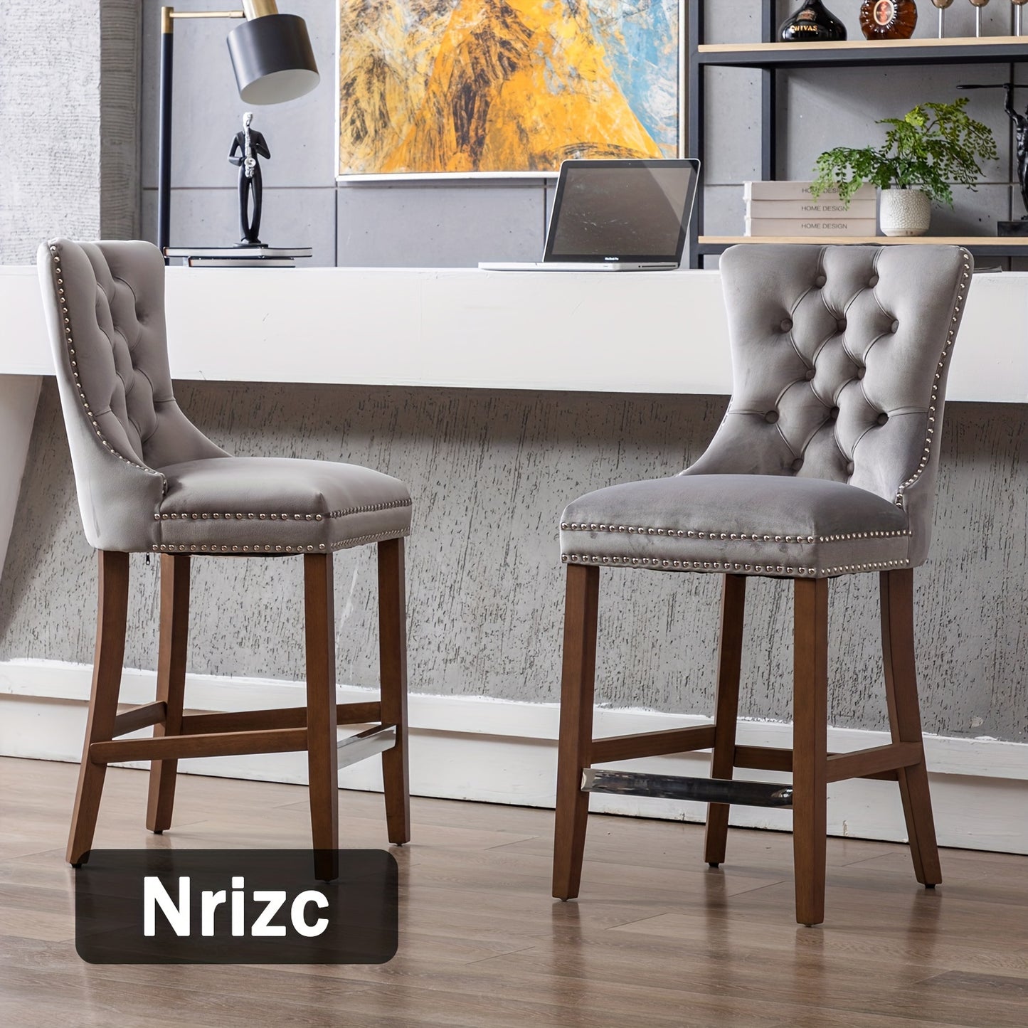 Nrizc Velvet Padded Bar Stools With Button Nailhead