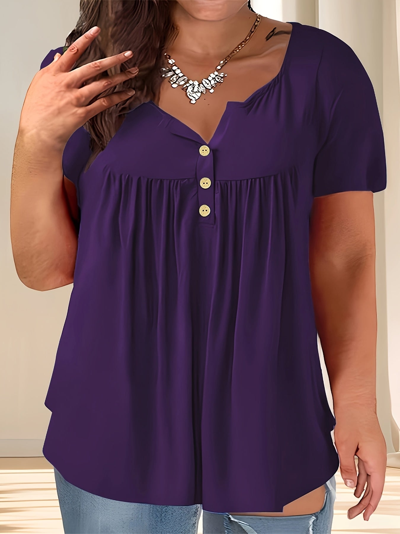 Navy Blue Plus Size T-Shirt Women’s Casual Buttoned Top