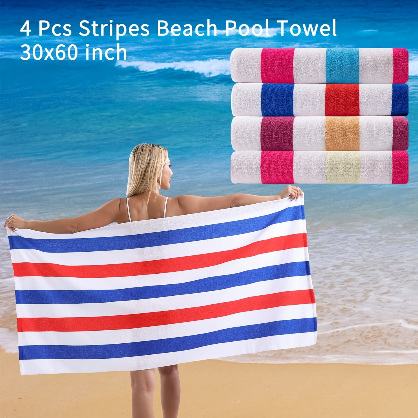 4 Piece Sand Free Stripe Beach Towel Set Quick Dry Pool Towel Swimming Bath Towel Ultra Soft Highly Absorbent Lightweight Towel For Adults Men Women Multi Purpose Towel Blanket For Bathroom Yoga Sports Travel Camping