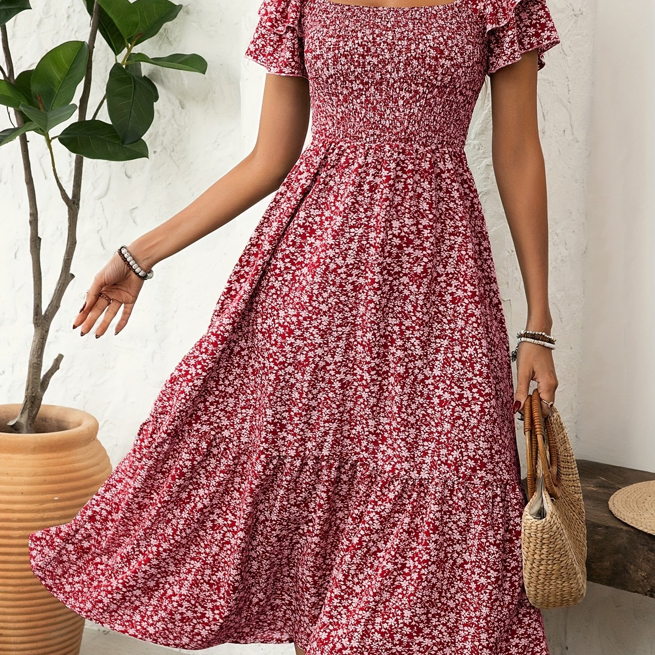 Elegant Floral Print Dress Polyester Ruffle Hem A-Line Dress