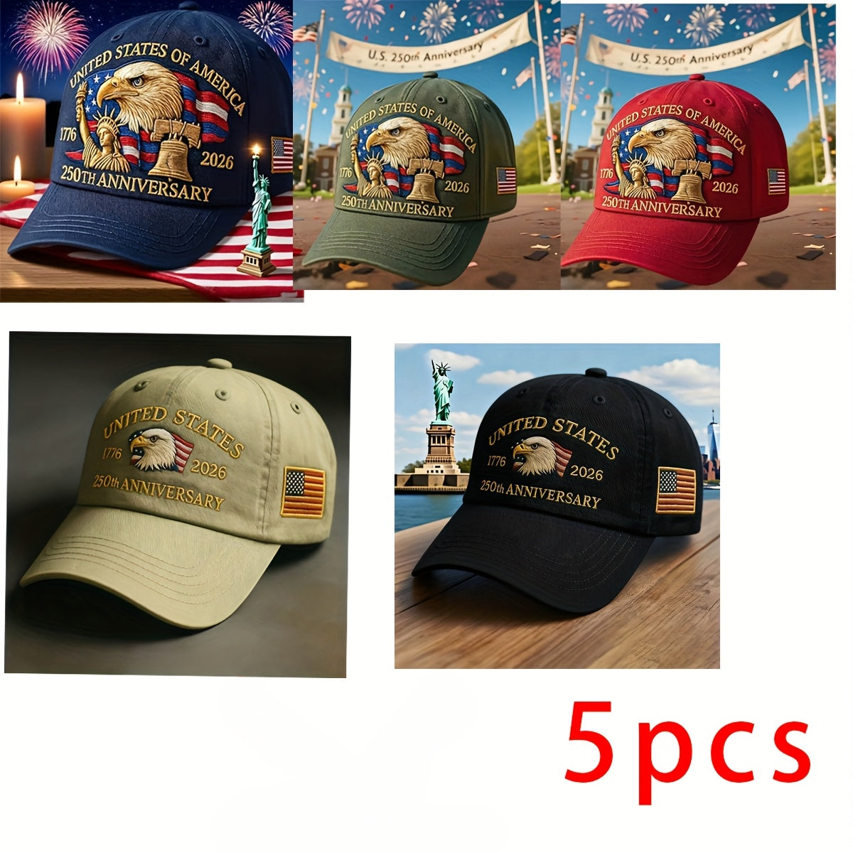 Set of 5 Men'S Baseball Caps Featuring Patriotic Embroidery for The 250Th Anniversary, Commemorating The Dates 1776-2026, Suitable for Independence Day And Everyday Casual Wear, Adjustable for Unisex Fashion