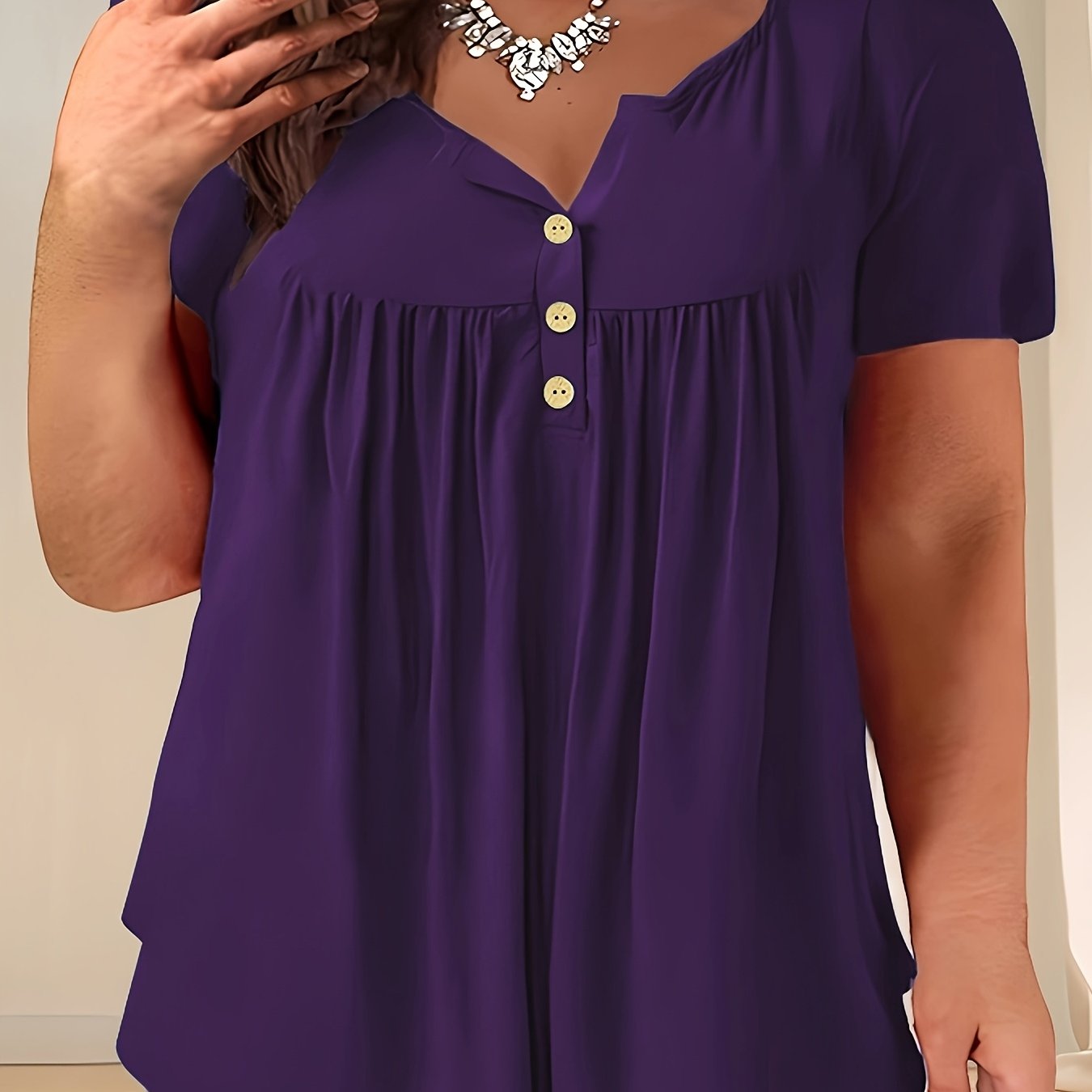 Navy Blue Plus Size T-Shirt Women’s Casual Buttoned Top