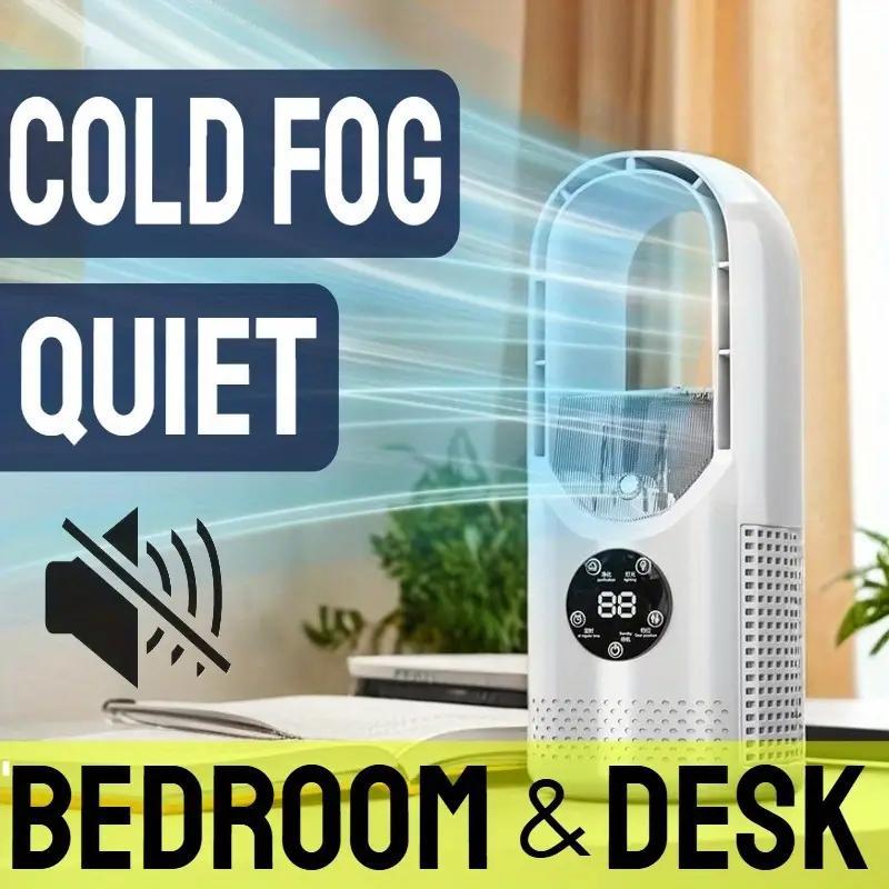 No Leaf Fan Efficient Spray Cooling Machine Three in One Office Desktop Fan USB Powered Air Cooler with Night Light Humidification Function 6 Wind Speeds Timing Function Home Dormitory Camping Mini Personal Air Conditioner