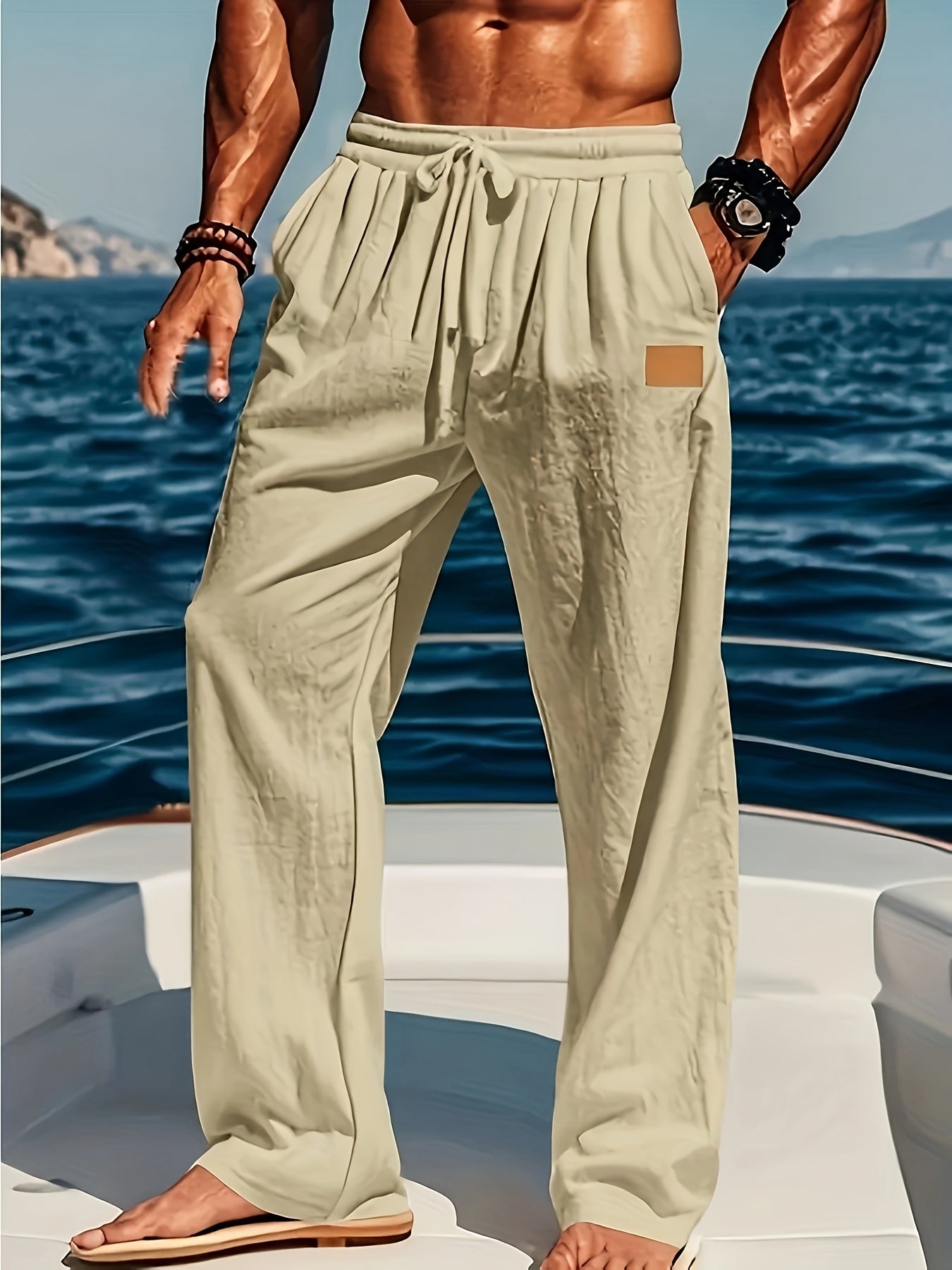 Men's Lightweight Cotton Beach Pants Quick Dry Loose Fit Casual Trousers with Adjustable Zipper Waistband Side Pockets Breathable Straight Leg Pants for Swimming Travel Everyday Summer Wear Machine Washable