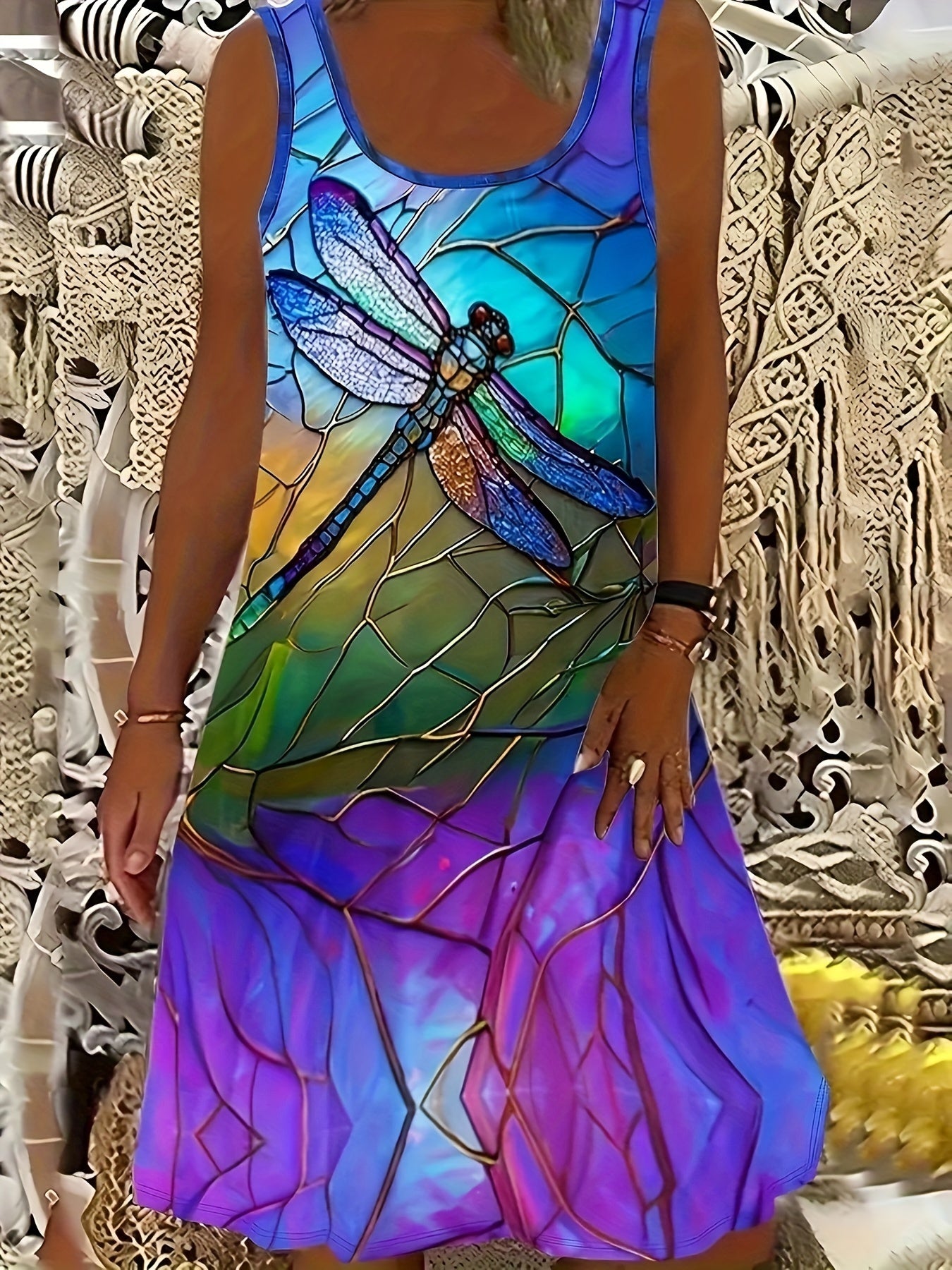 Large Fashion Bamboo Dragonfly Design Dress for Women