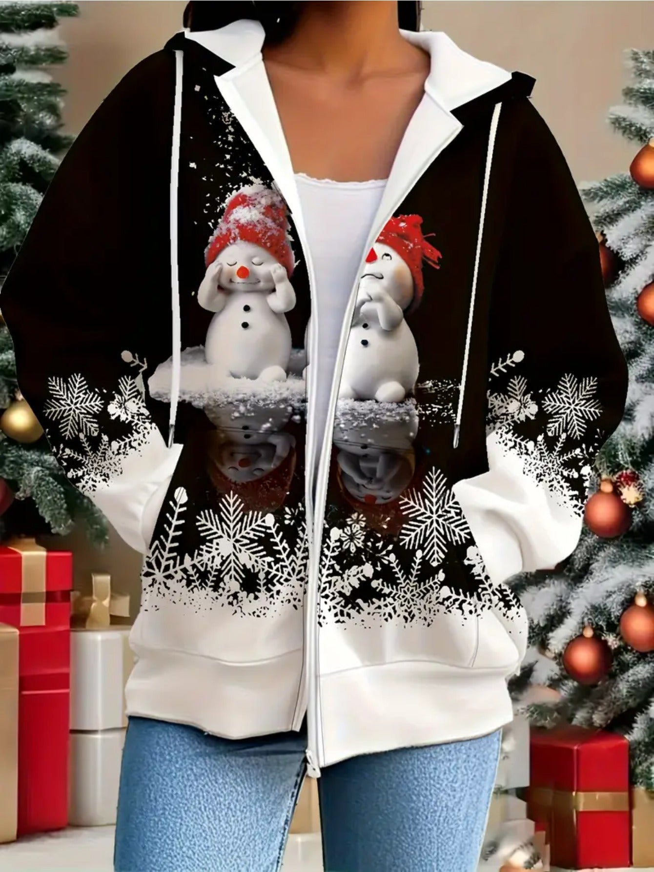 3D Snowman Print Zip Up Hoodie for Women With Pockets