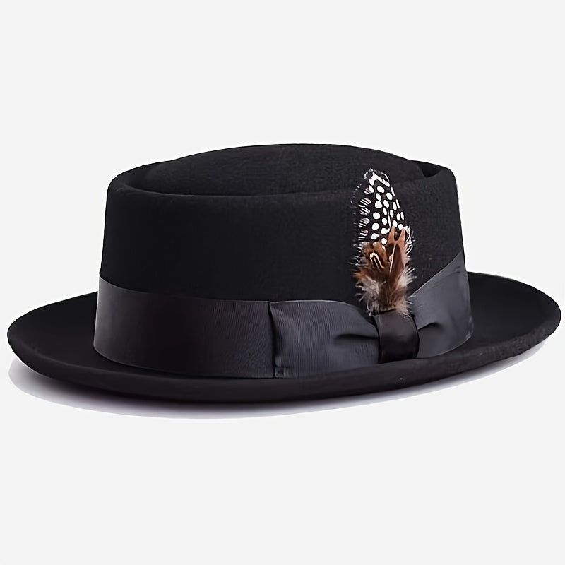 Adjustable Wool Pork Pie Hat with Blue Feather Accent