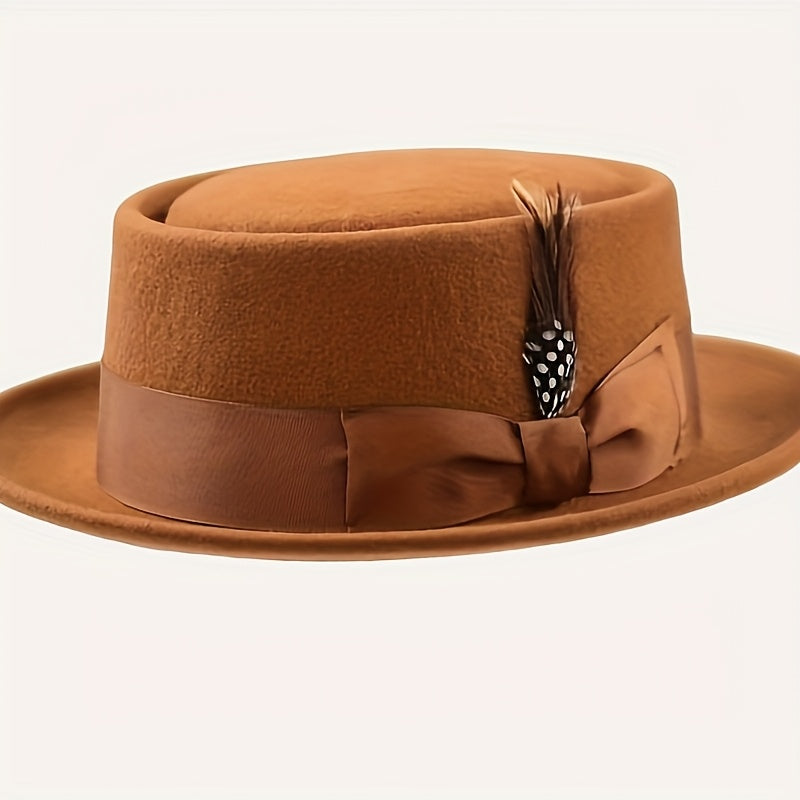 Adjustable Wool Pork Pie Hat with Blue Feather Accent