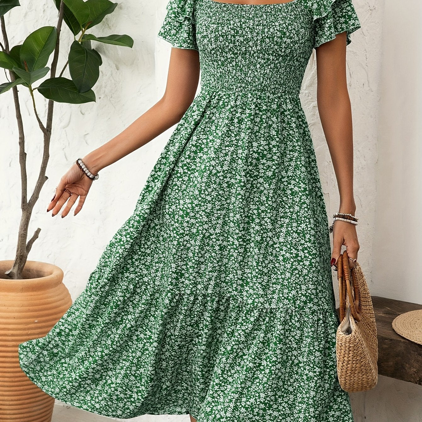 Elegant Floral Print Dress Polyester Ruffle Hem A-Line Dress