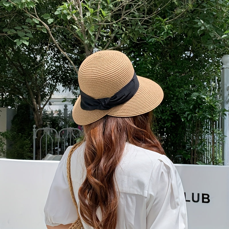 High-End Seaside Beach Sun Hat With Black Bow Slit