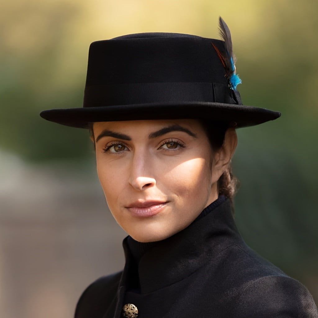 Adjustable Wool Pork Pie Hat with Blue Feather Accent