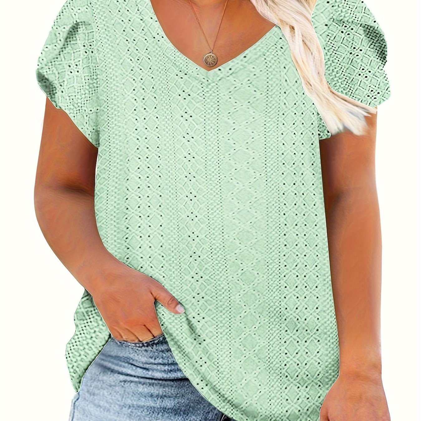 Women's Plus-Size Casual V-Neck Eyelet Petal Top Purple