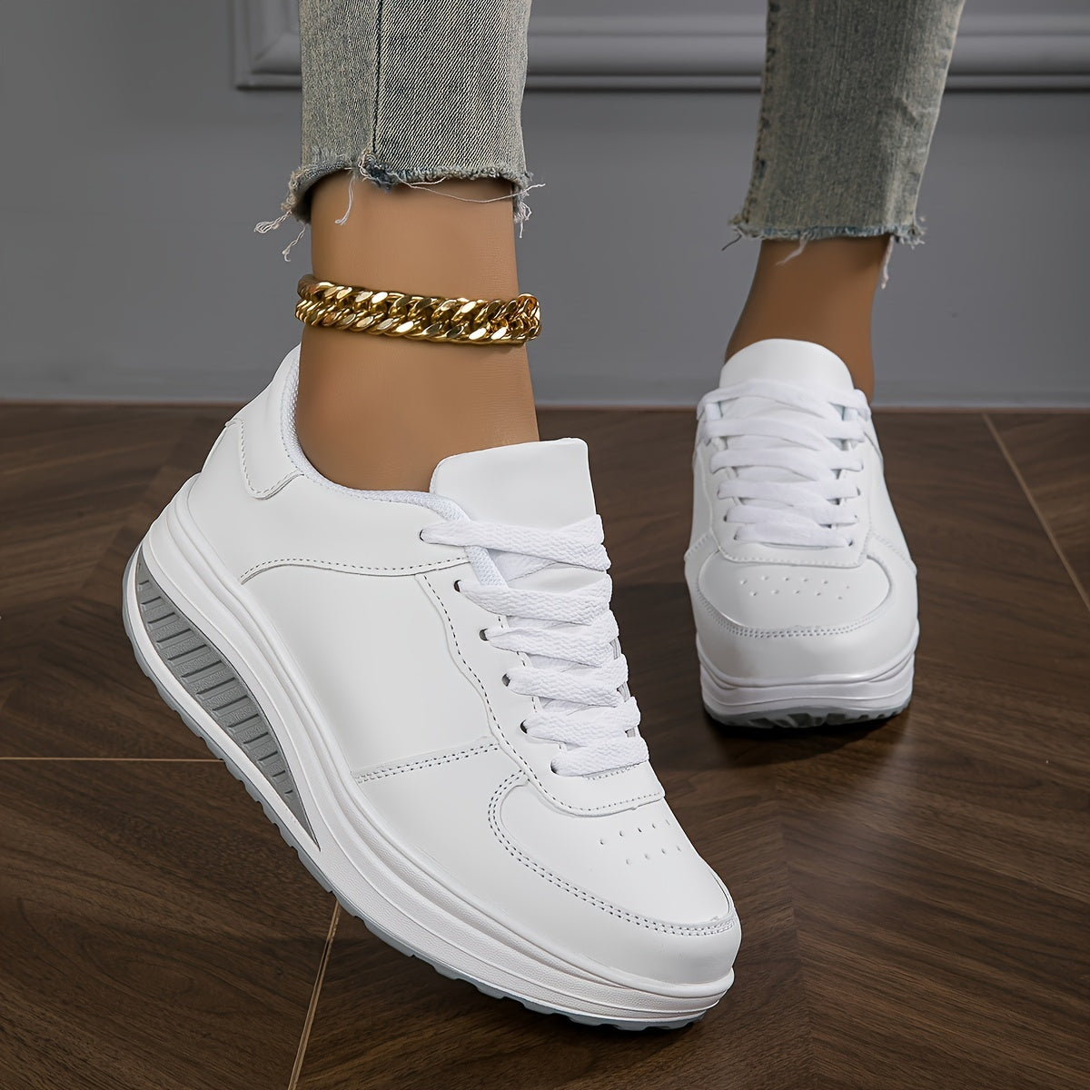 Women's Trendy Wedge Sneakers Comfortable Lace Up Height Increasing Sports Shoes All Match Outdoor Walking Shoes