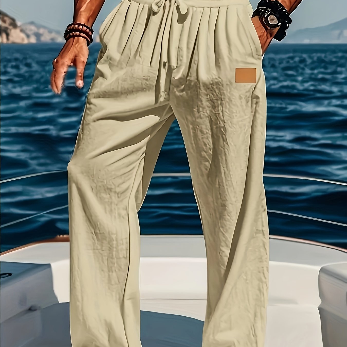 Men's Lightweight Cotton Beach Pants Quick Dry Loose Fit Casual Trousers with Adjustable Zipper Waistband Side Pockets Breathable Straight Leg Pants for Swimming Travel Everyday Summer Wear Machine Washable