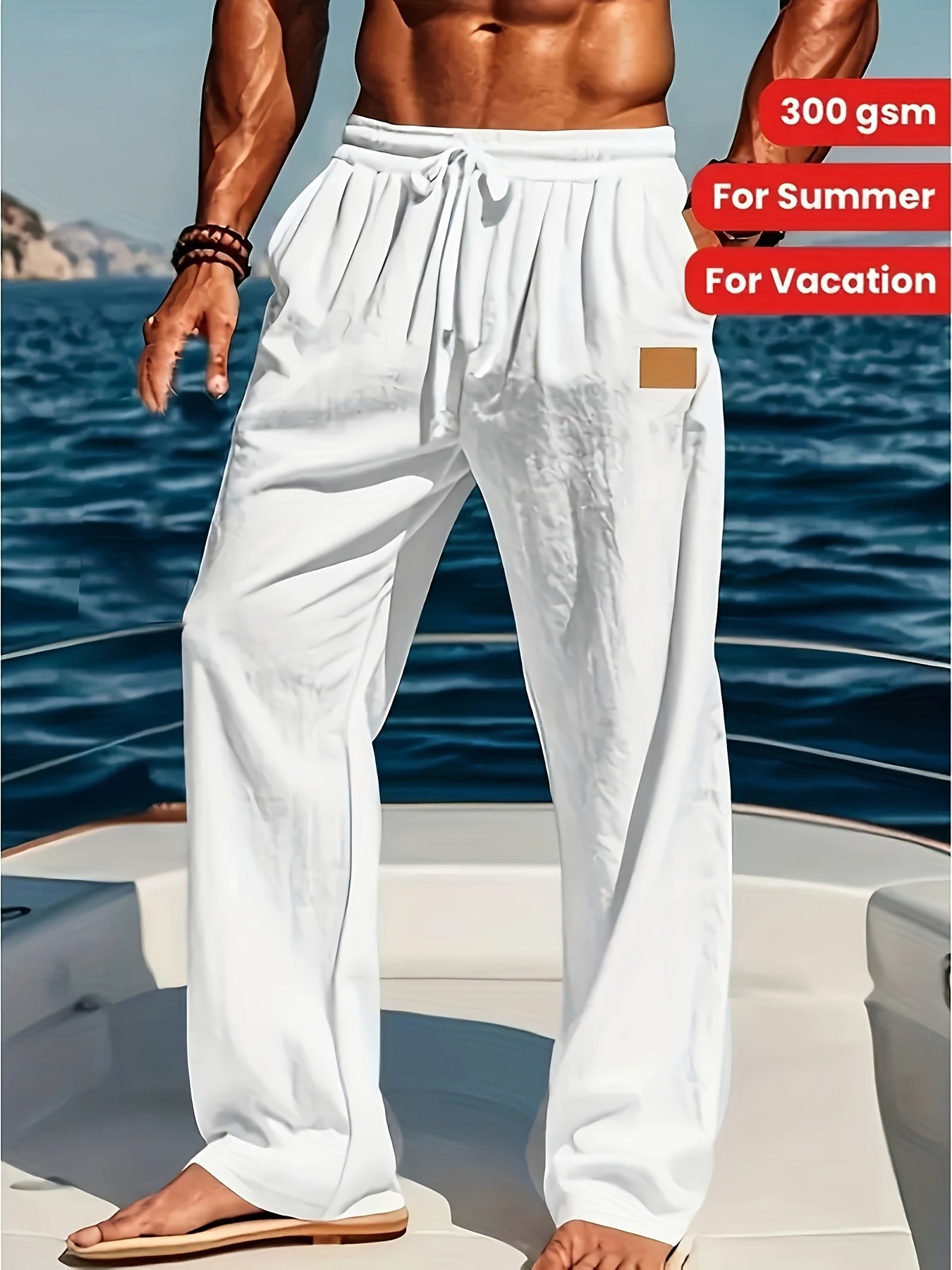 Men's Lightweight Cotton Beach Pants Quick Dry Loose Fit Casual Trousers with Adjustable Zipper Waistband Side Pockets Breathable Straight Leg Pants for Swimming Travel Everyday Summer Wear Machine Washable