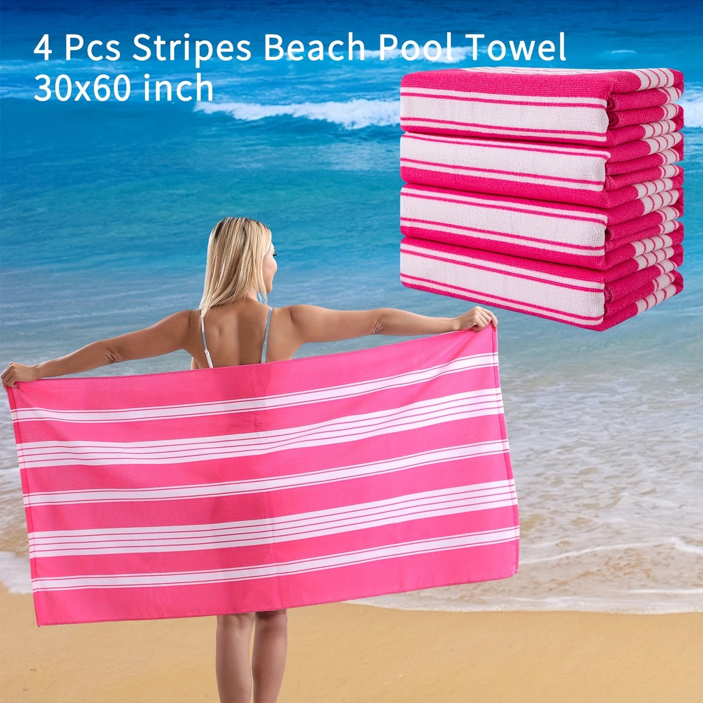 4 Piece Sand Free Stripe Beach Towel Set Quick Dry Pool Towel Swimming Bath Towel Ultra Soft Highly Absorbent Lightweight Towel For Adults Men Women Multi Purpose Towel Blanket For Bathroom Yoga Sports Travel Camping