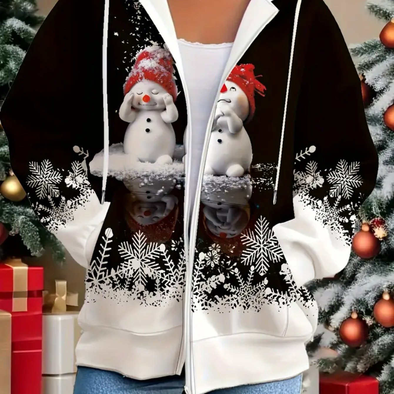 3D Snowman Print Zip Up Hoodie for Women With Pockets