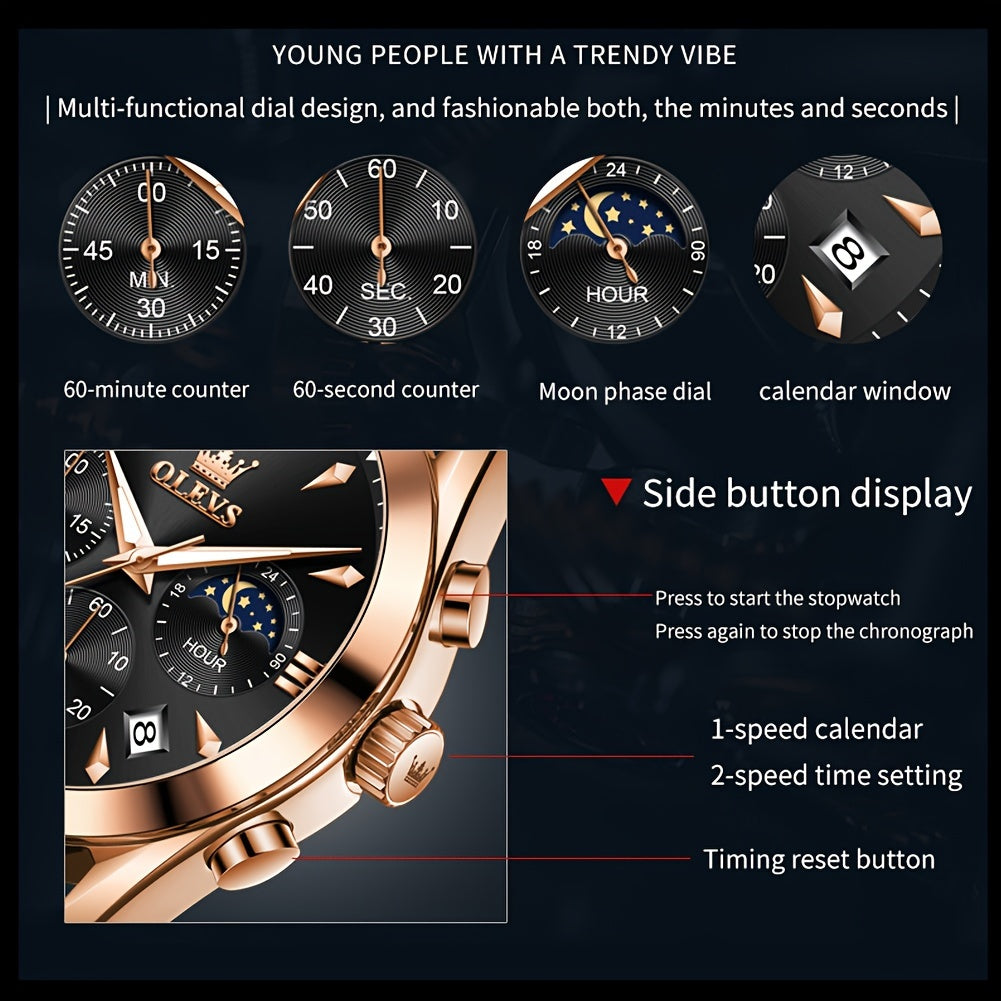 OLEVS Men's Analog Quartz Chronograph Moon Phase Waterproof Watch