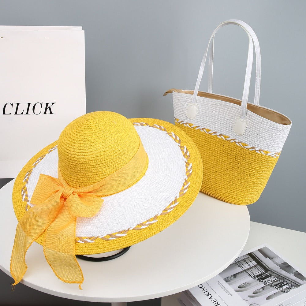 Hand- Straw Hat and Bag Set for Women, Beach Vacation Sun Hat Visor Hat