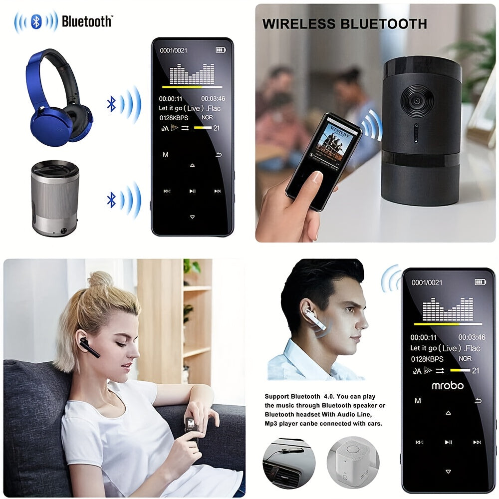 The MP4/MP3 Player Supports 128GB Bluetooth Lossless Music FM Radio Recorder. It Is Sporty And Suitable for Running. It Has An Ultra-light Metal Casing And Touch Buttons