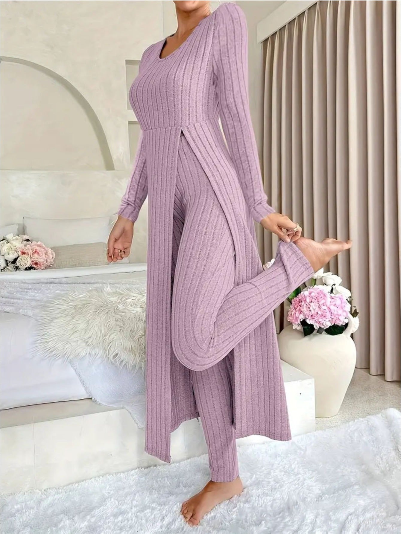 MORA QUIET Womens Fleece Two Piece Set Lounge Outfit With Wide Leg Pants