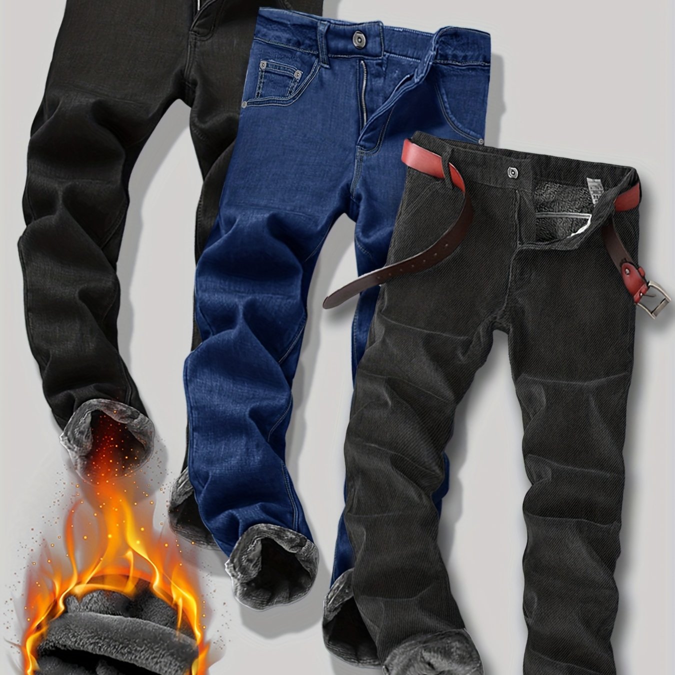 Men's Fleece-Lined Thermal Jeans Slim Fit For Winter Warmth