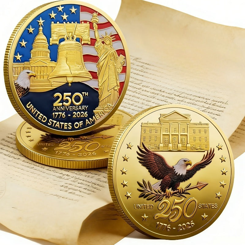 12pcs 2026 American Independence 250th Anniversary Medal Set | 1776-2026 Reissue Coins with Plastic Case and Eagle Challenge Coin Badge, Golden Iron Coins