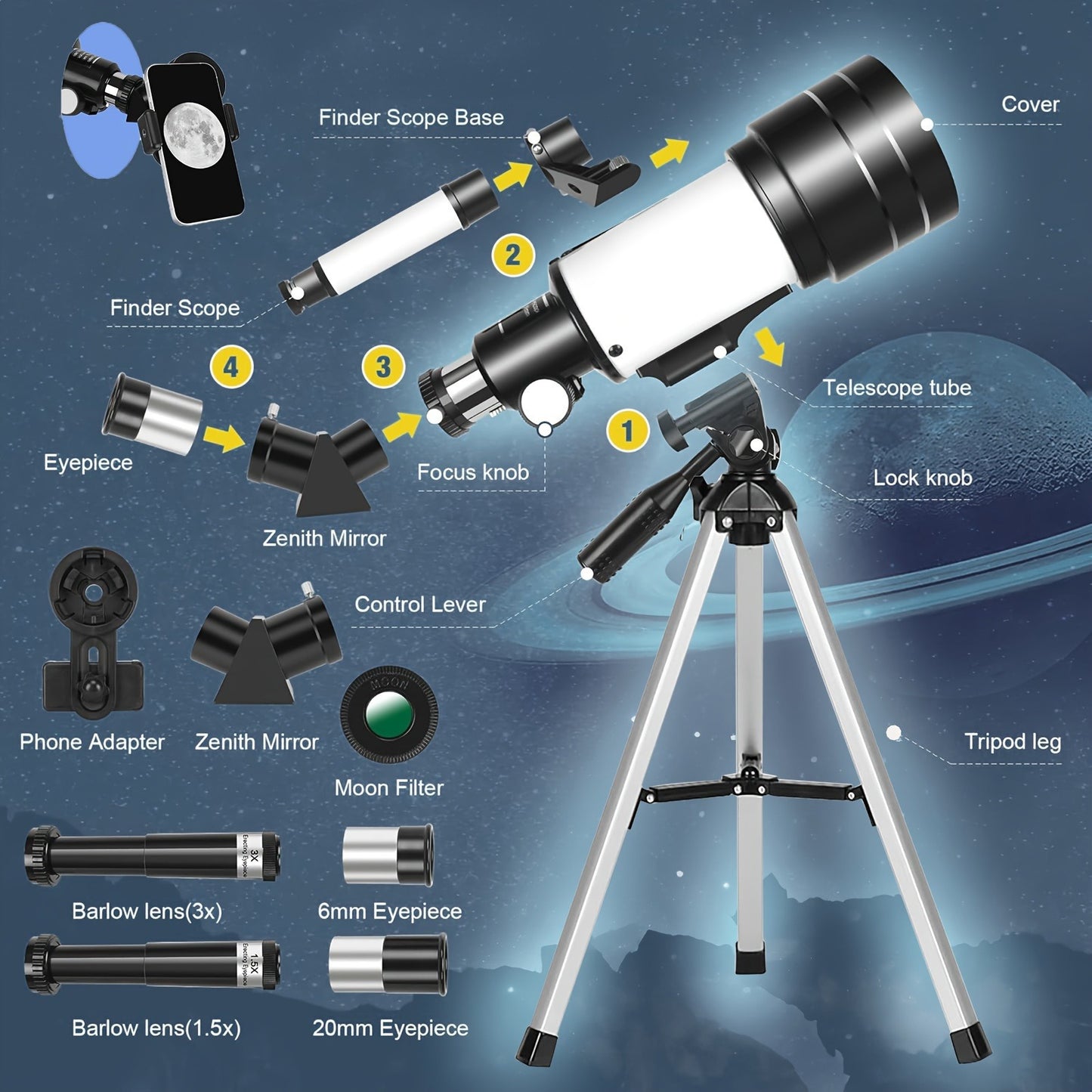 Portable Astronomical Telescope for Adults with Tripod Eyepiece and Barlow Lens