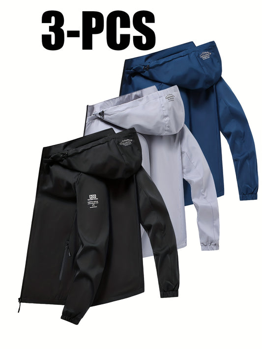 3pcs Men's Korean Style Casual Hooded Jackets Lightweight Polyester Zip Up Windbreaker with Pockets All Season Outdoor Hiking and Daily Wear Black Grey Navy Blue