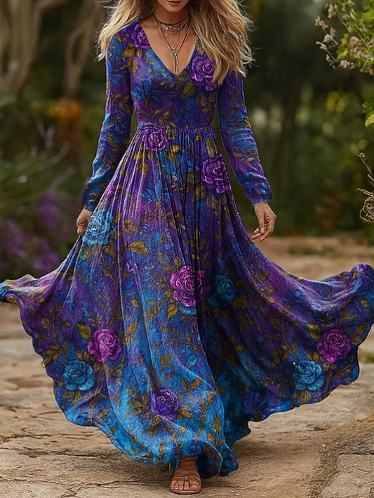 CIUM Elegant Flower Print Maxi Dress Long Sleeve V Neck