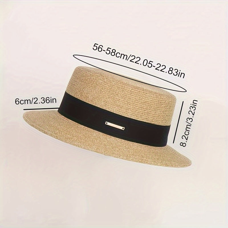Franville Women's Wide Brim Sun Hat- French Style Straw Beach Hat with Navy Ribbon, Breathable Natural Material for Summer, Vacation, Beach& Daily Wear ( 50+, Adjustable Chin Strap)"