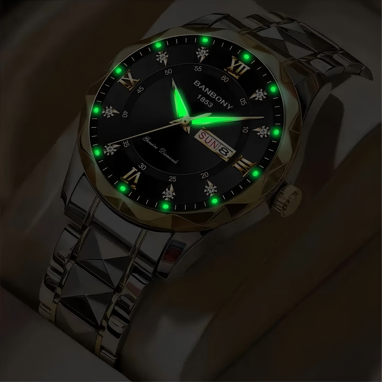 BANBONY Stainless Steel Strap Multifunctional Watch Roman Numerals Rhinestones