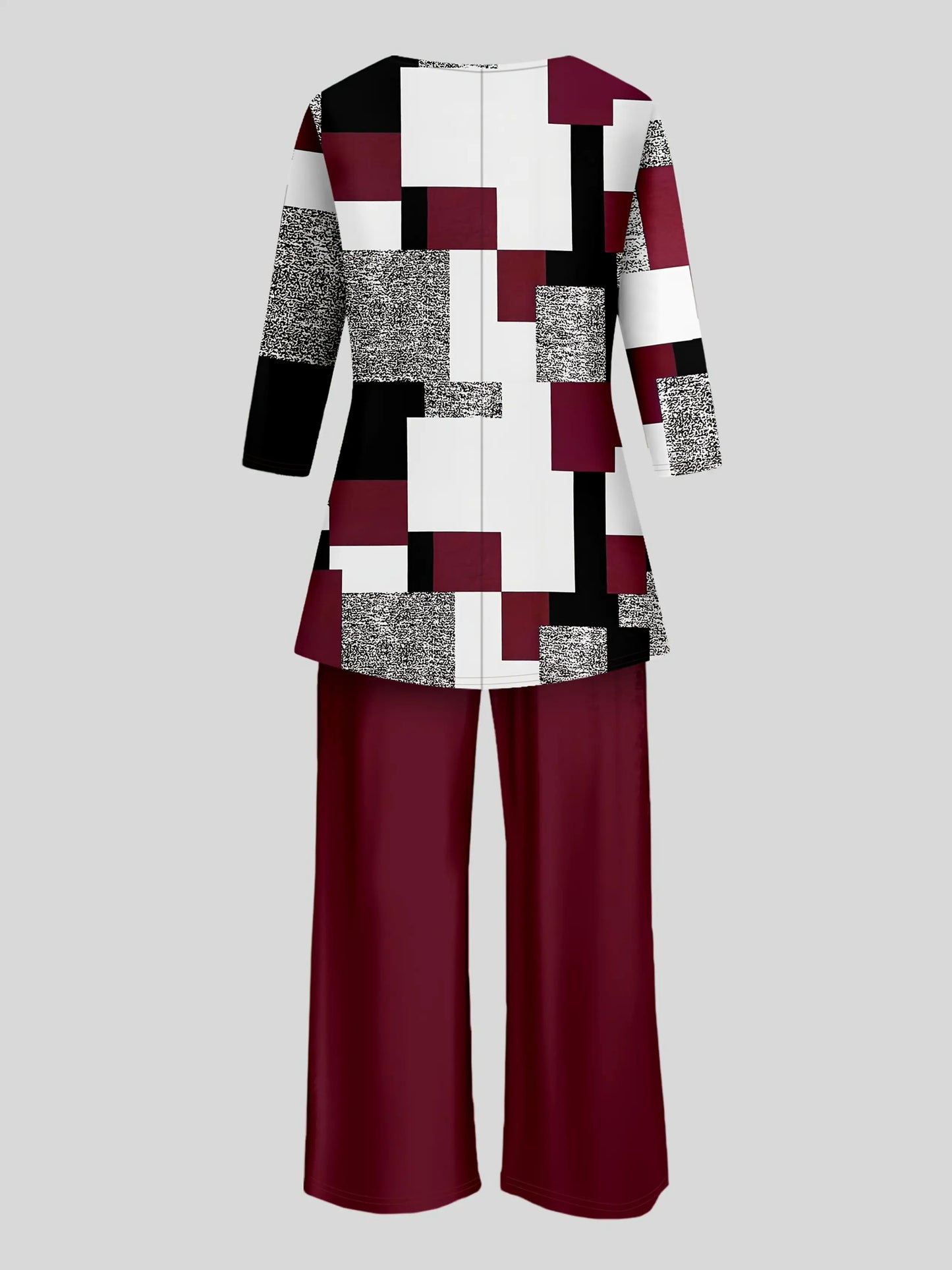 Geometric Print Long Sleeve Top And Solid Two-Piece Set