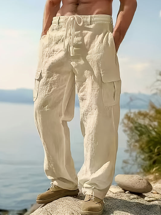 Mens Linen Work Pants Breathable Regular Fit For Casual Wear