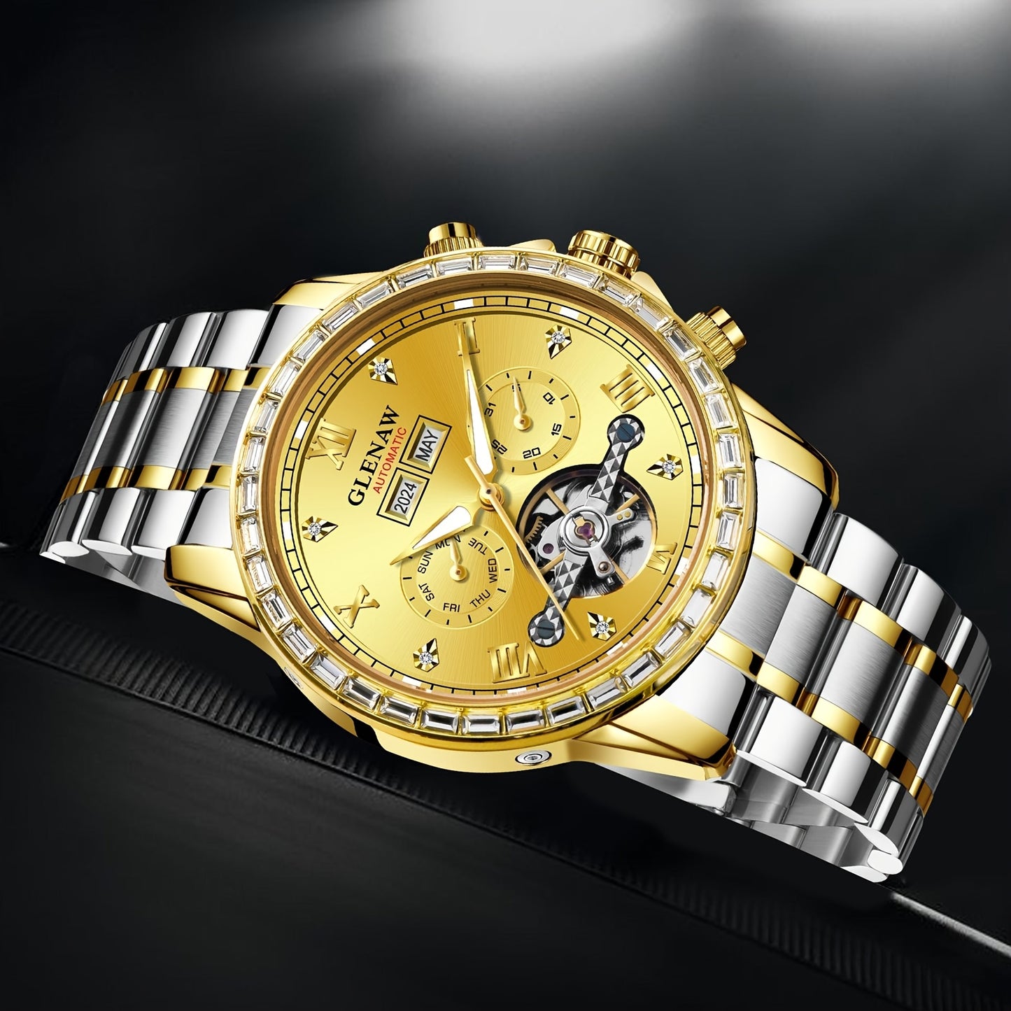 GLENAW Men's Luxury Automatic Mechanical Skeleton Watch With Date Display