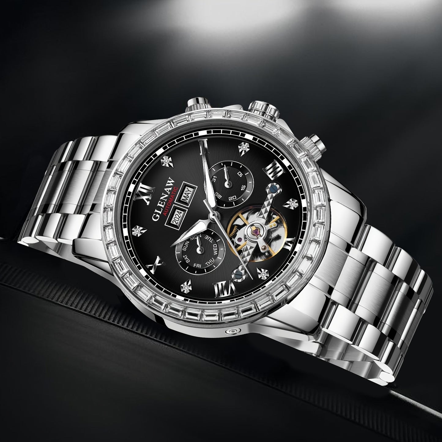 GLENAW Mens Automatic Mechanical Watch Stainless Steel Date Display