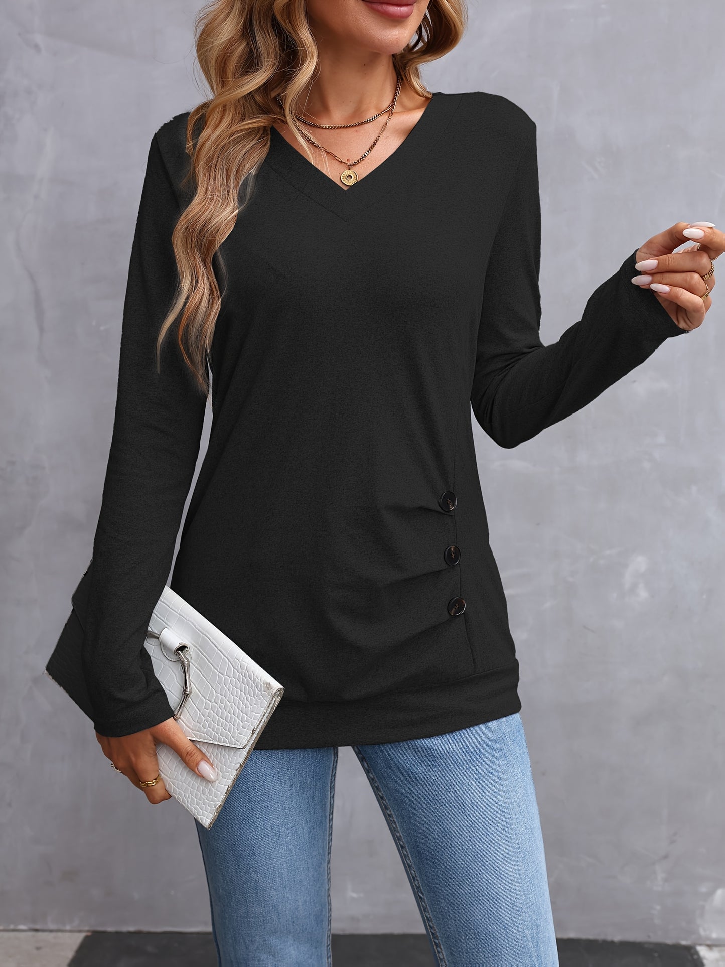 100% Polyester Elegant Long Sleeve V-Neck T-Shirt Solid Color Button Detail Regular Length