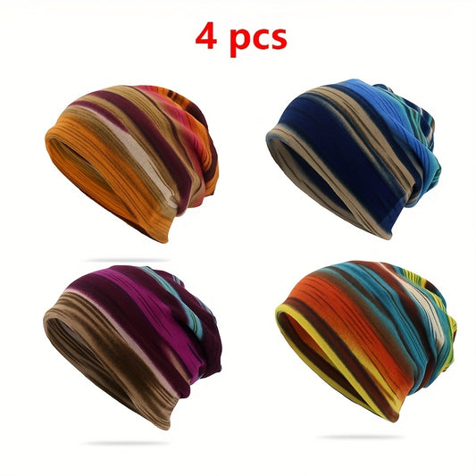 Four Pack Striped Beanie Hats Unisex Pullover For Outdoor
